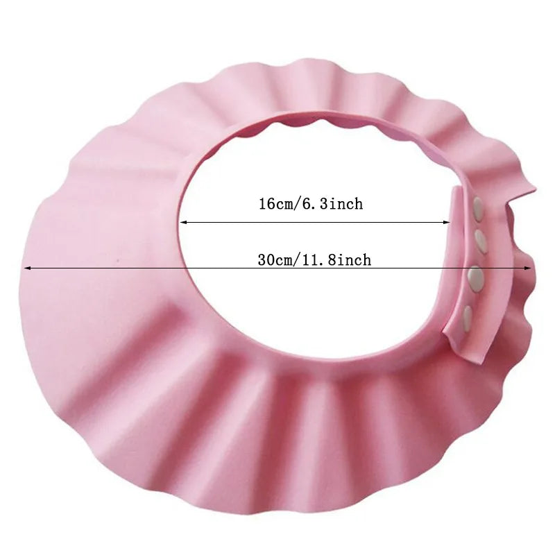 "Make bath time tears-free and fun! This adjustable baby shower cap helps keep water and shampoo away from little eyes and ears for a more comfortable wash."