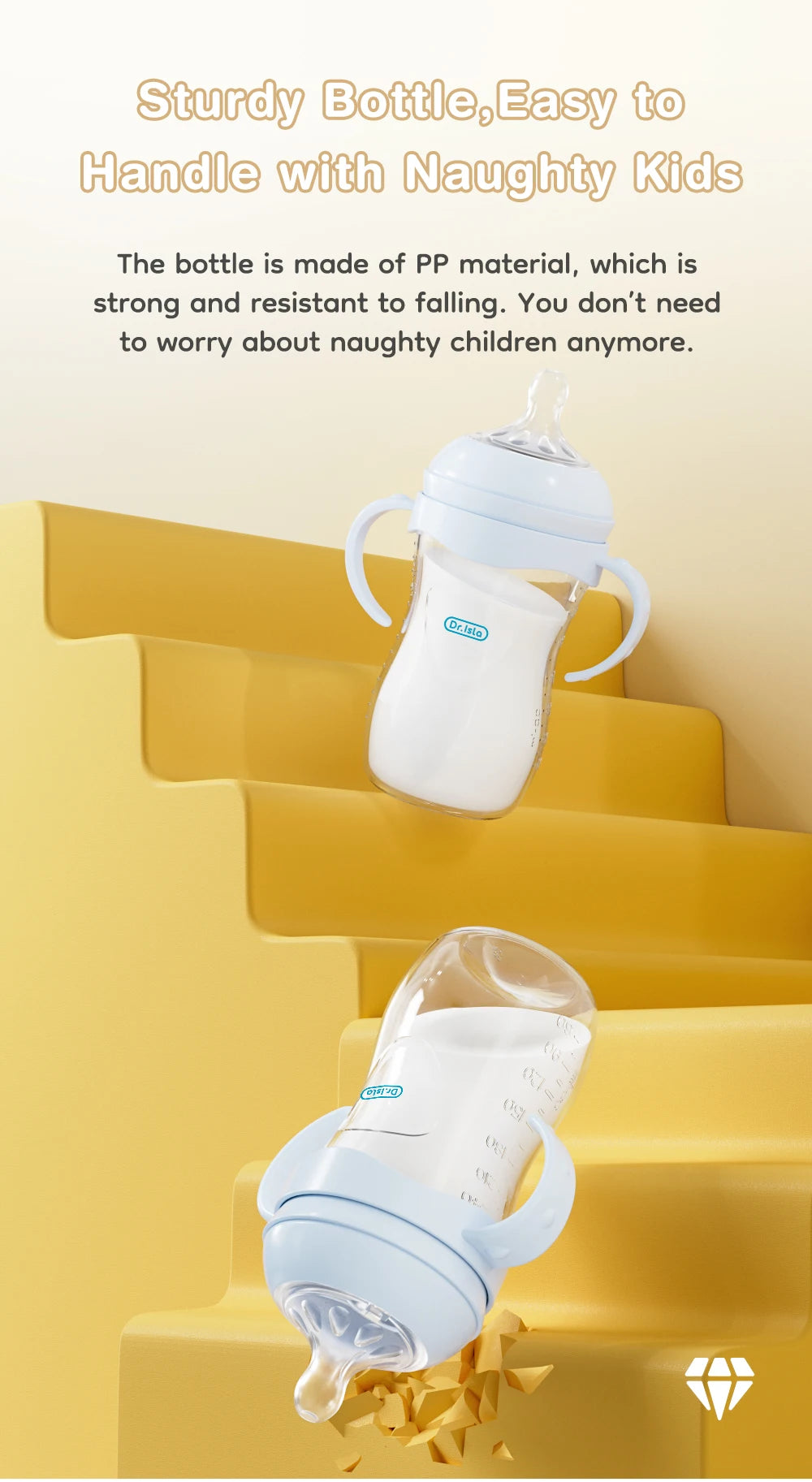 BPA-Free Baby Feeding Bottle with Handles (150ml/240ml/330ml) – Durable PP milk bottle designed for newborns and infants, featuring an easy-grip handle for comfortable feeding and independent drinking.