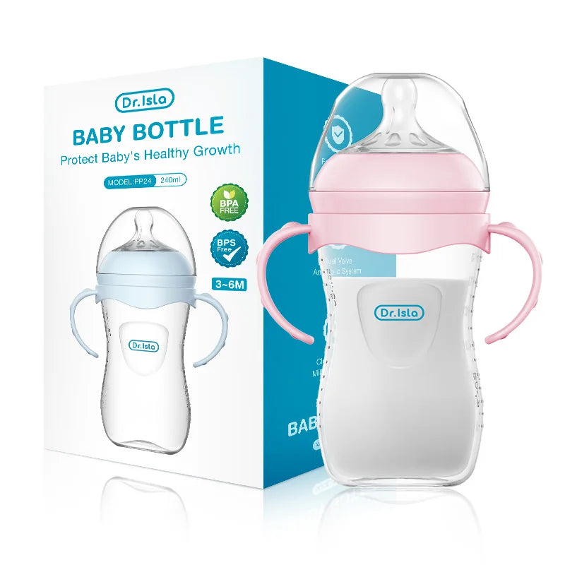 BPA-Free Baby Feeding Bottle with Handles (150ml/240ml/330ml) – Durable PP milk bottle designed for newborns and infants, featuring an easy-grip handle for comfortable feeding and independent drinking.