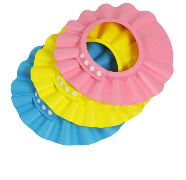 "Make bath time tears-free and fun! This adjustable baby shower cap helps keep water and shampoo away from little eyes and ears for a more comfortable wash."