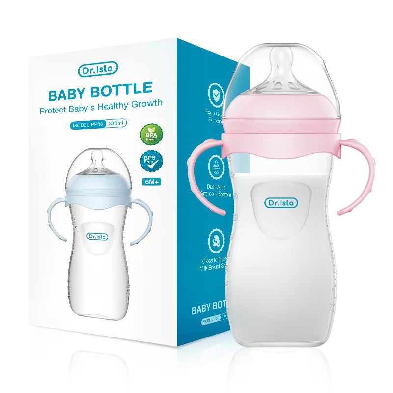 BPA-Free Baby Feeding Bottle with Handles (150ml/240ml/330ml) – Durable PP milk bottle designed for newborns and infants, featuring an easy-grip handle for comfortable feeding and independent drinking.