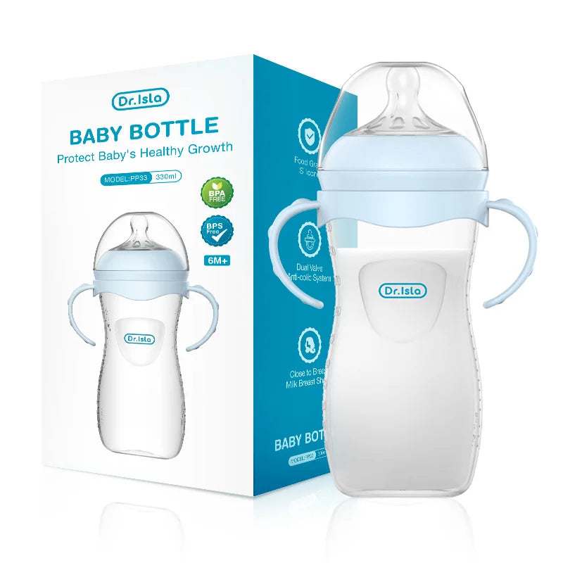 BPA-Free Baby Feeding Bottle with Handles (150ml/240ml/330ml) – Durable PP milk bottle designed for newborns and infants, featuring an easy-grip handle for comfortable feeding and independent drinking.