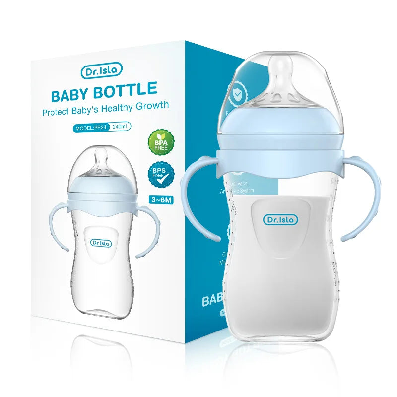 BPA-Free Baby Feeding Bottle with Handles (150ml/240ml/330ml) – Durable PP milk bottle designed for newborns and infants, featuring an easy-grip handle for comfortable feeding and independent drinking.